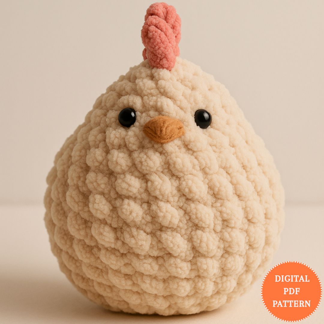 Crocheted chicken toy with a digital PDF pattern label on a beige background