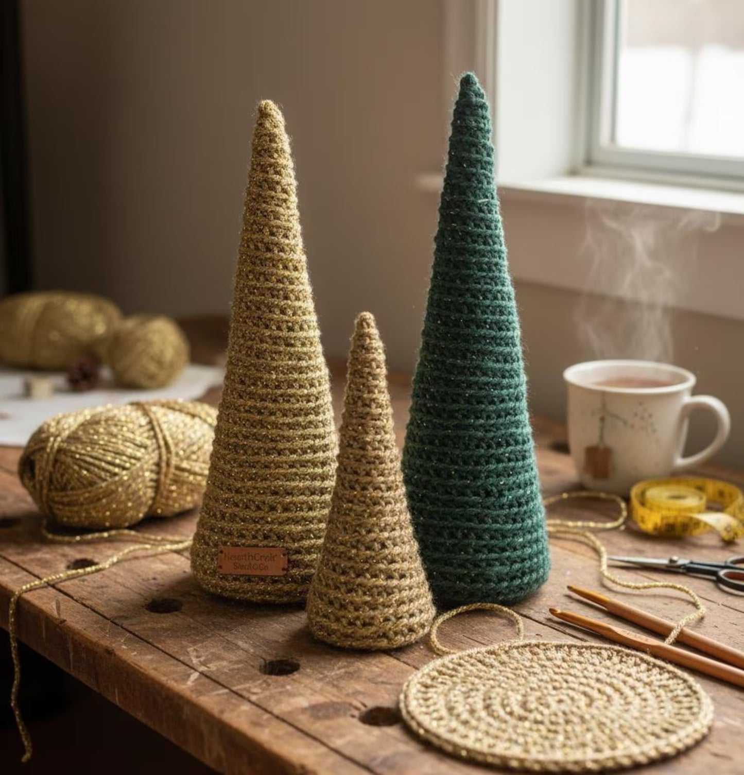 Three crocheted Christmas trees on a wooden table with yarn and a mug in the background.
