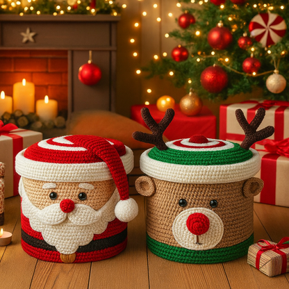 Two crocheted Christmas containers, one Santa and one reindeer, in a festive setting with a Christmas tree and presents.