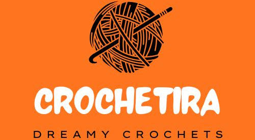 Logo of Crochetira with a ball of yarn and crochet hook on an orange background