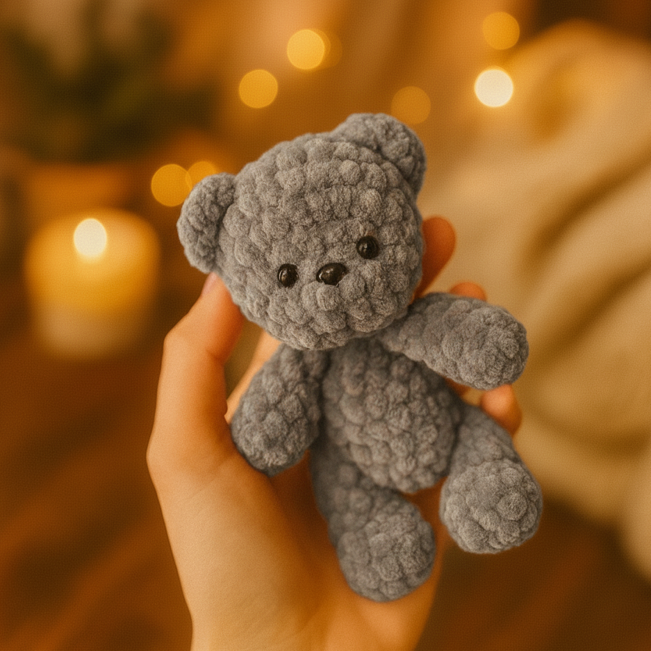 Hand holding a small gray textured teddy bear against a warm, blurred background.