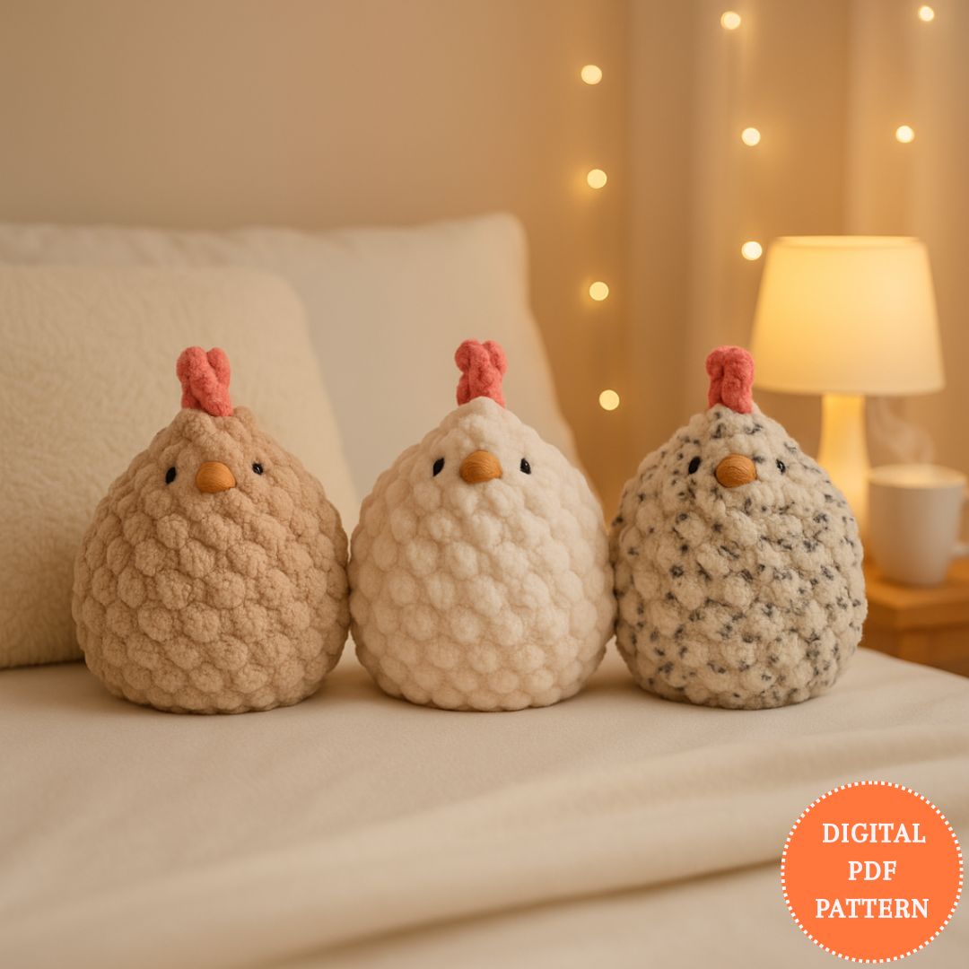 Three knitted chicken toys on a bed with a lamp and fairy lights in the background, featuring a digital PDF pattern overlay.