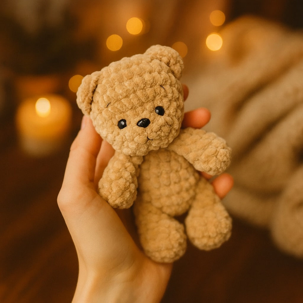Small brown teddy bear held in a hand with a warm, blurred background