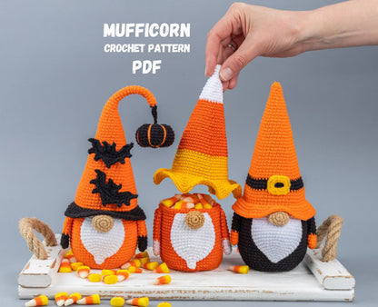 Crocheted Halloween-themed gnomes and candy corn on a gray background with 'Mufficorn Crochet Pattern PDF' text.