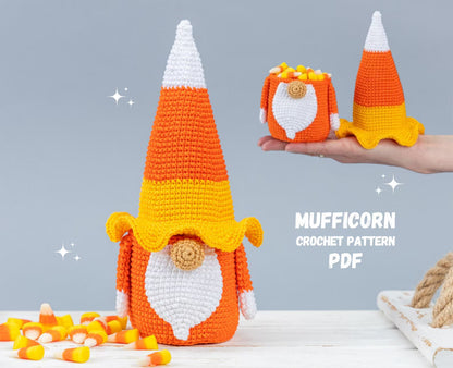 Crocheted Mufficorn with candy corn on a gray background, featuring the text 'Mufficorn Crochet Pattern PDF'.