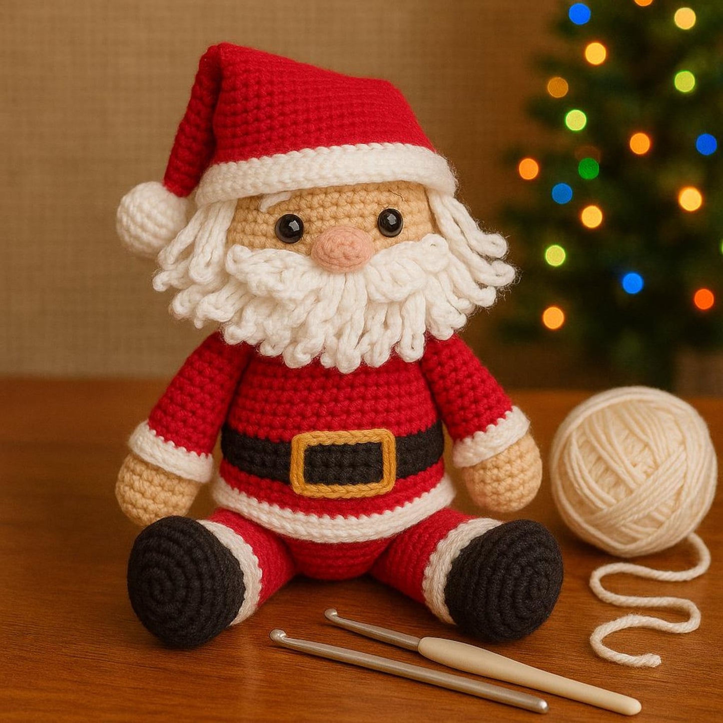 Crocheted Santa Claus figure with yarn and hooks on a wooden surface, Christmas tree in the background