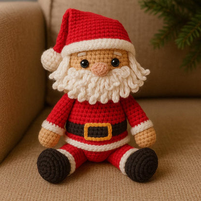 Knitted Santa Claus toy on a brown surface with a blurred background