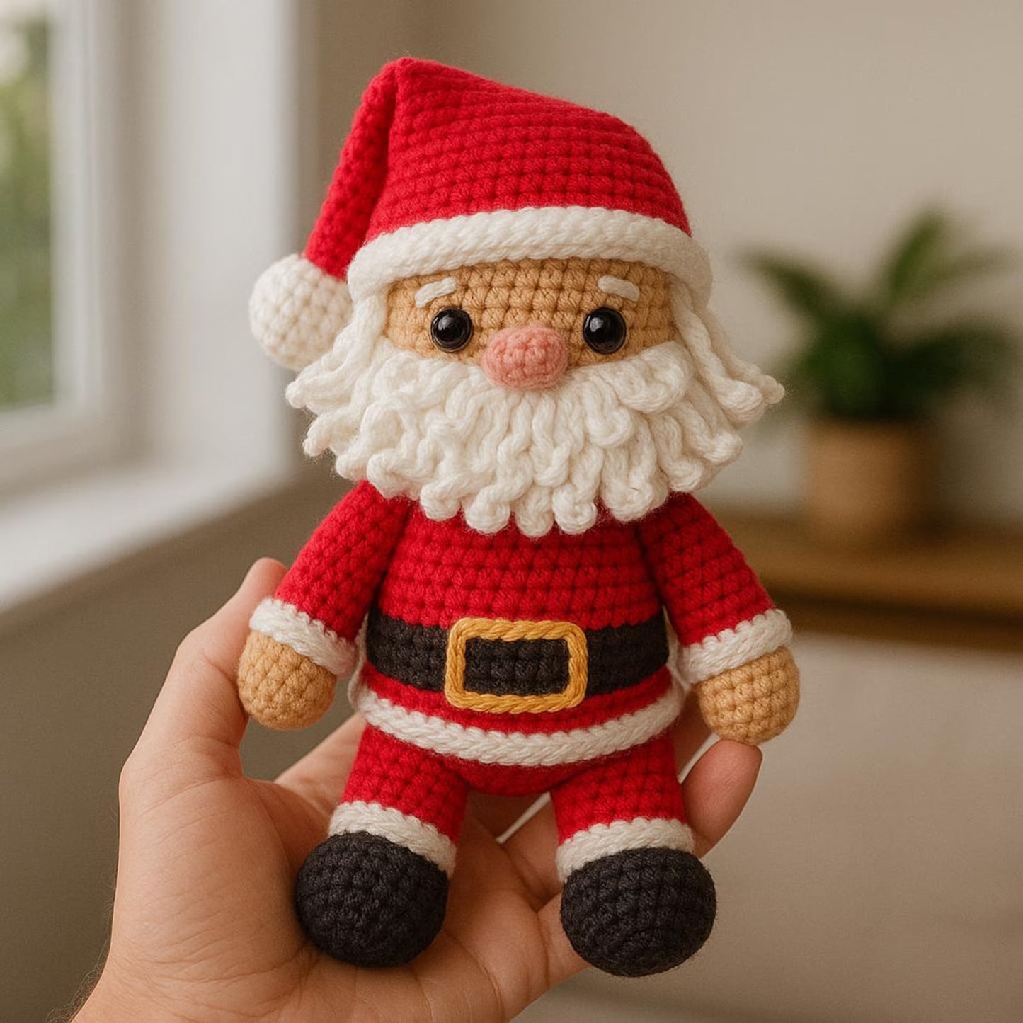 Hand holding a small crochet Santa Claus toy in a home setting.