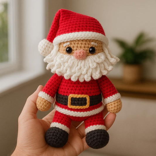 Hand holding a small crochet Santa Claus toy in a home setting.