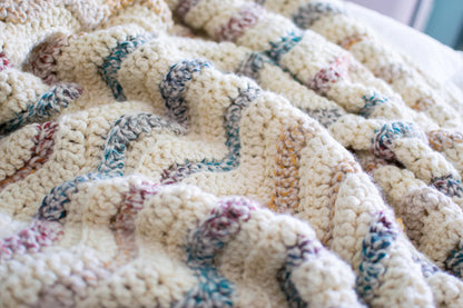 Close-up of a textured blanket with multicolored patterns on a white background