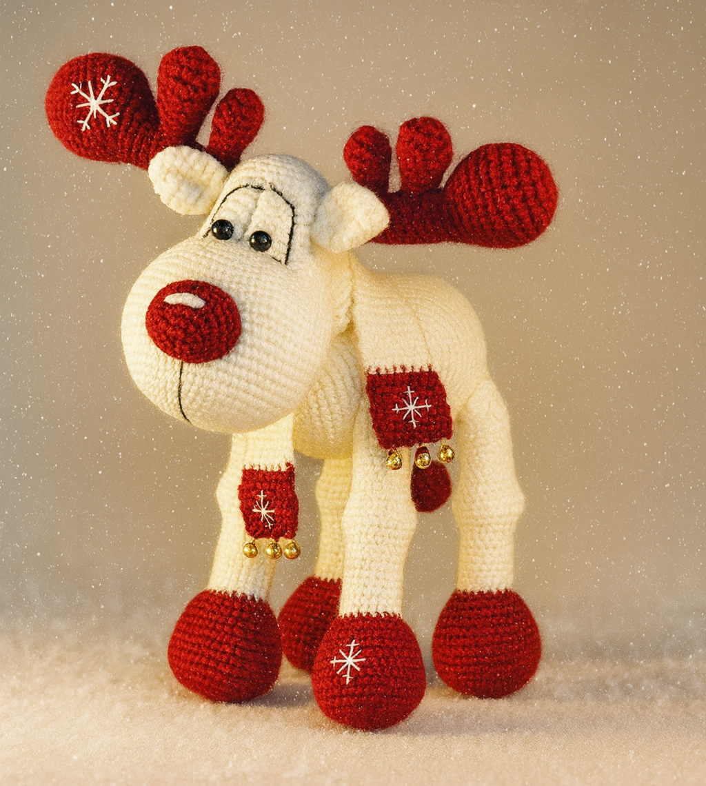 Crocheted reindeer toy with red antlers and boots on a neutral background